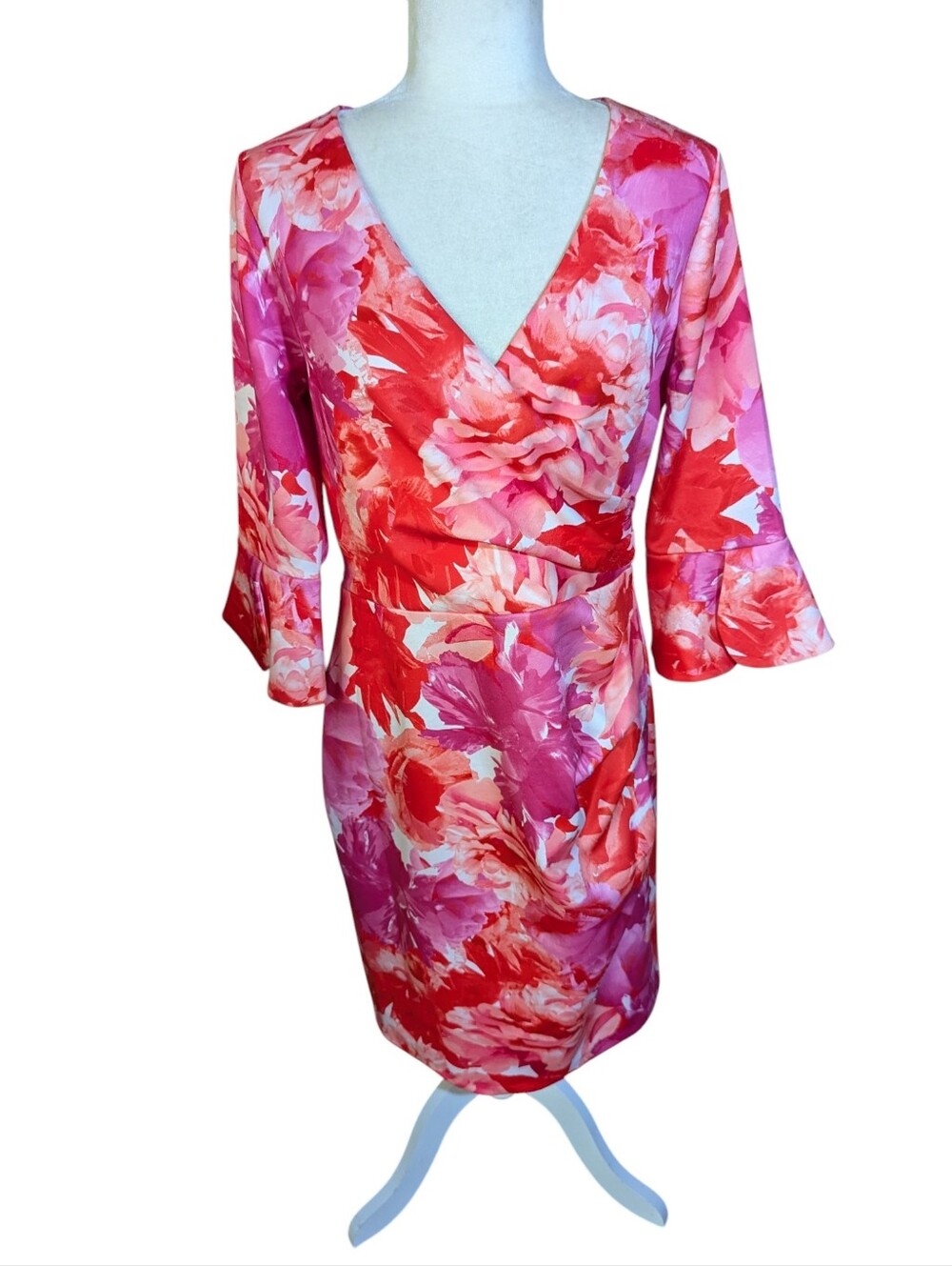 Donna Ricco Pink & Coral Floral Print Feminine Romantic Bell Sleeves Dress Sz 8
